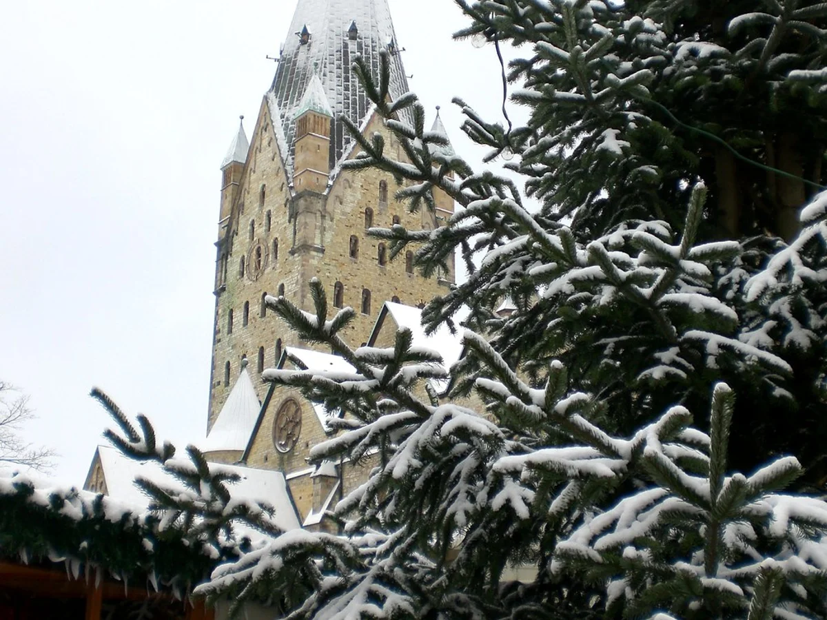 Mittelaltermarkt & Weihnachtsmarkt - Marktplatz snow-covered evergreens Esslingen am Neckar festive atmosphere St. Dionys Church spire