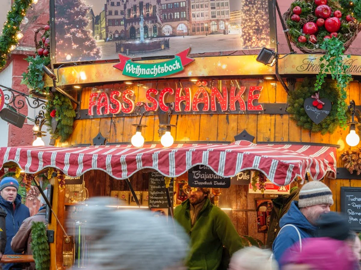 Freiburg im Breisgau Christmas market stall adorned with festive garland