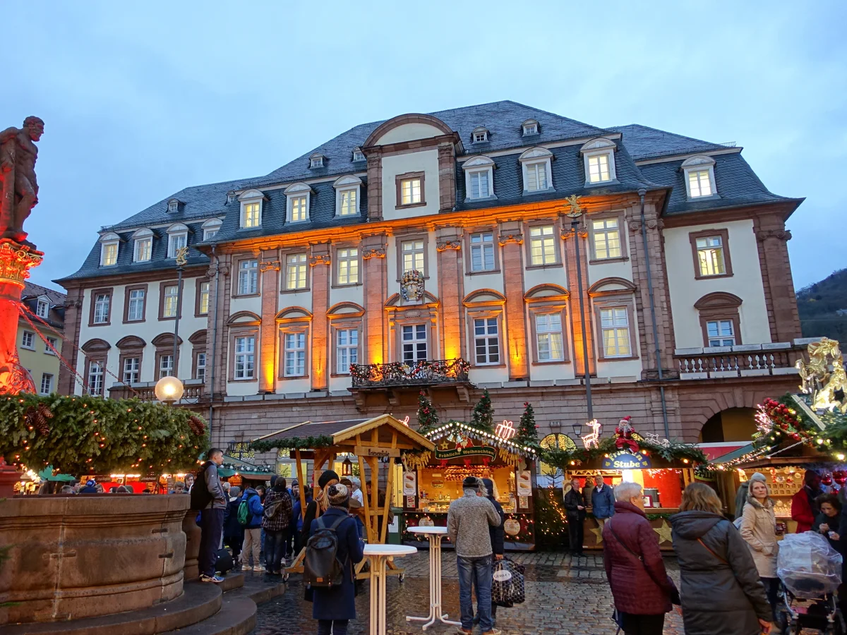 Heidelberg Rathaus and Christmas market in winter twilight