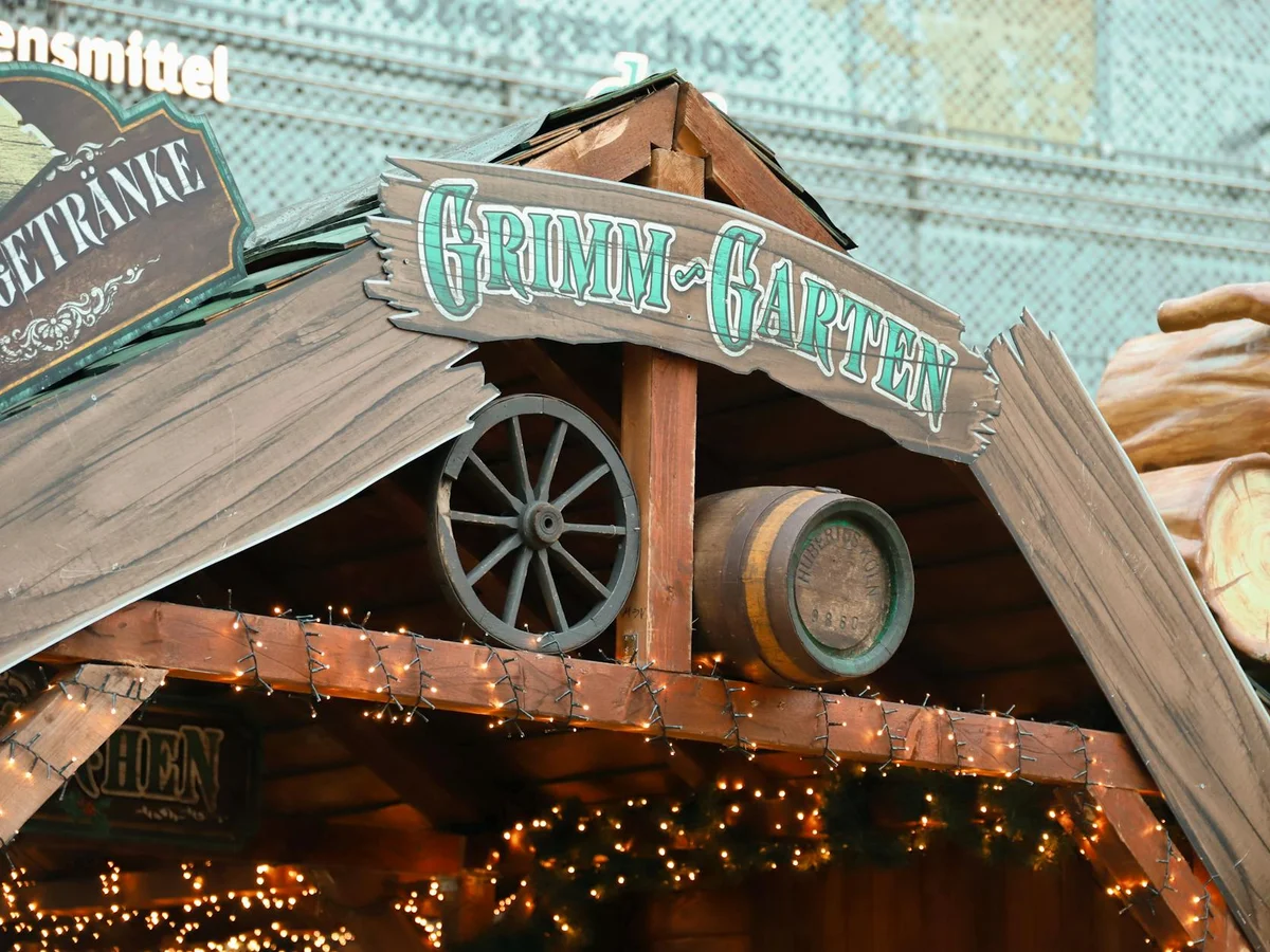 Kassel charming wooden booth at Christmas market with festive lights