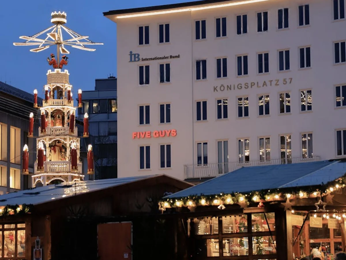 Kassel illuminated Christmas pyramid at twilight in winter atmosphere