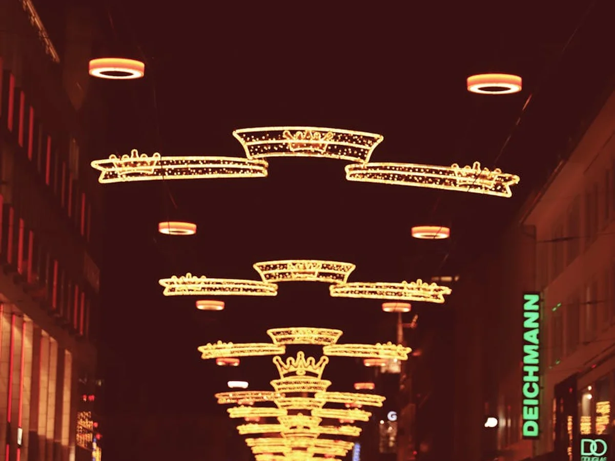 Kassel iconic crown street lights glowing in winter night ambiance
