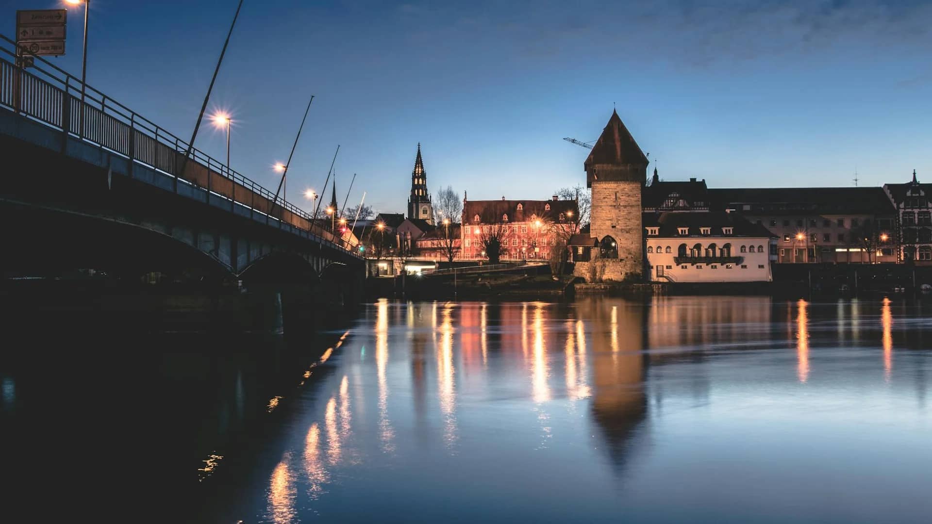 Konstanz blue hour cityscape with iconic landmarks in winter atmosphere