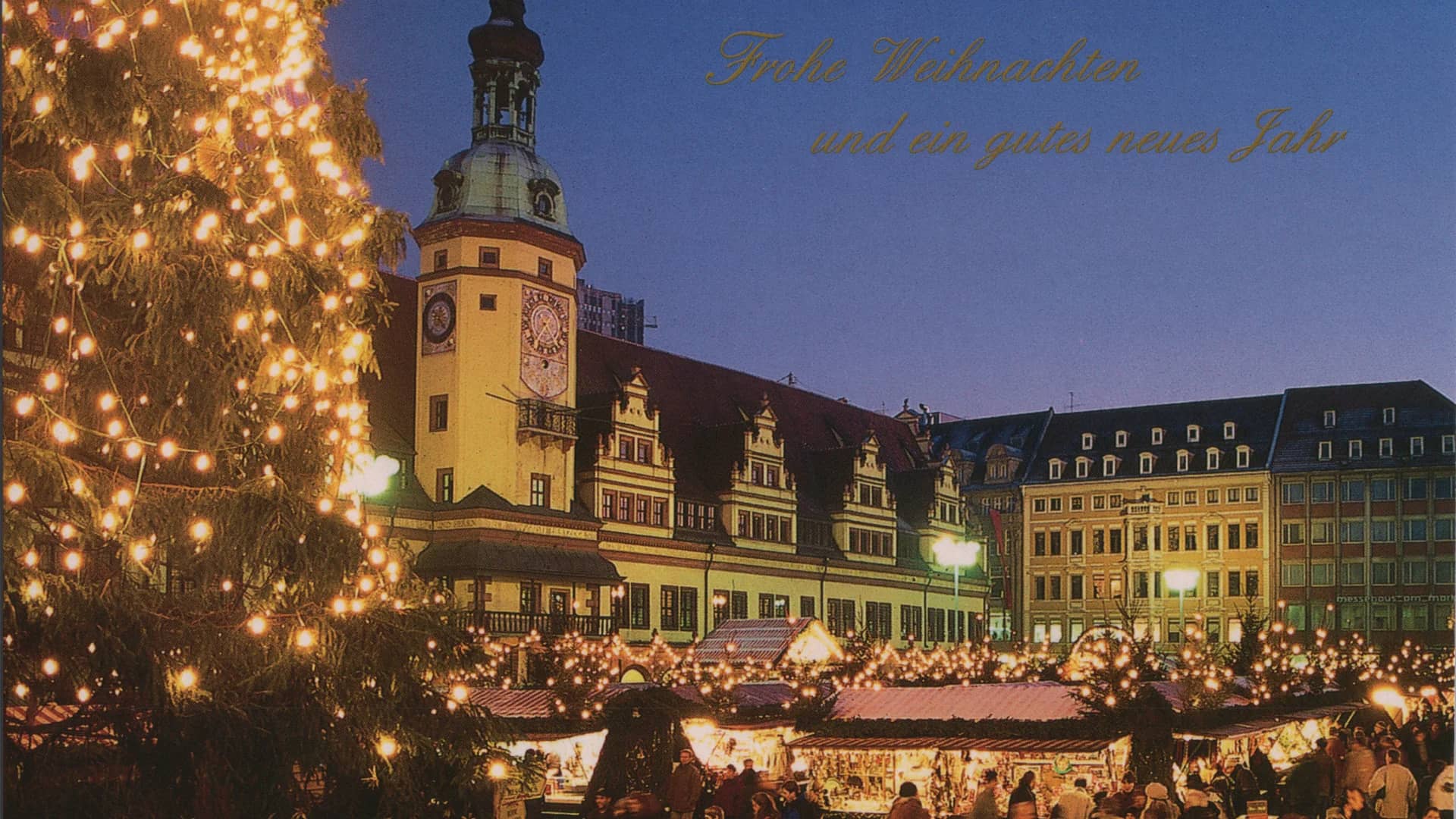 Leipzig Altes Rathaus at twilight during Christmas market season
