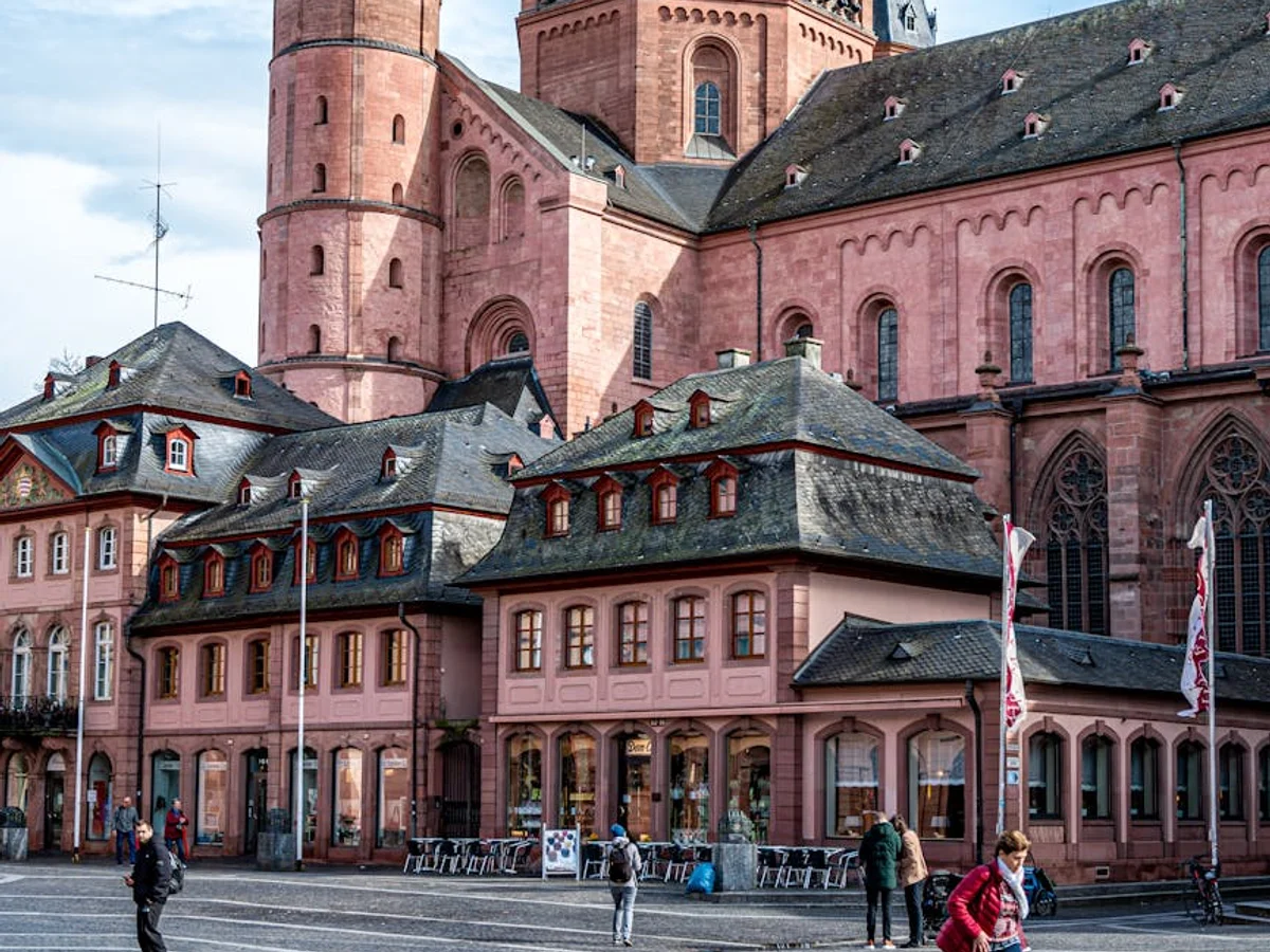 Mainz iconic red sandstone cathedral in winter daylight