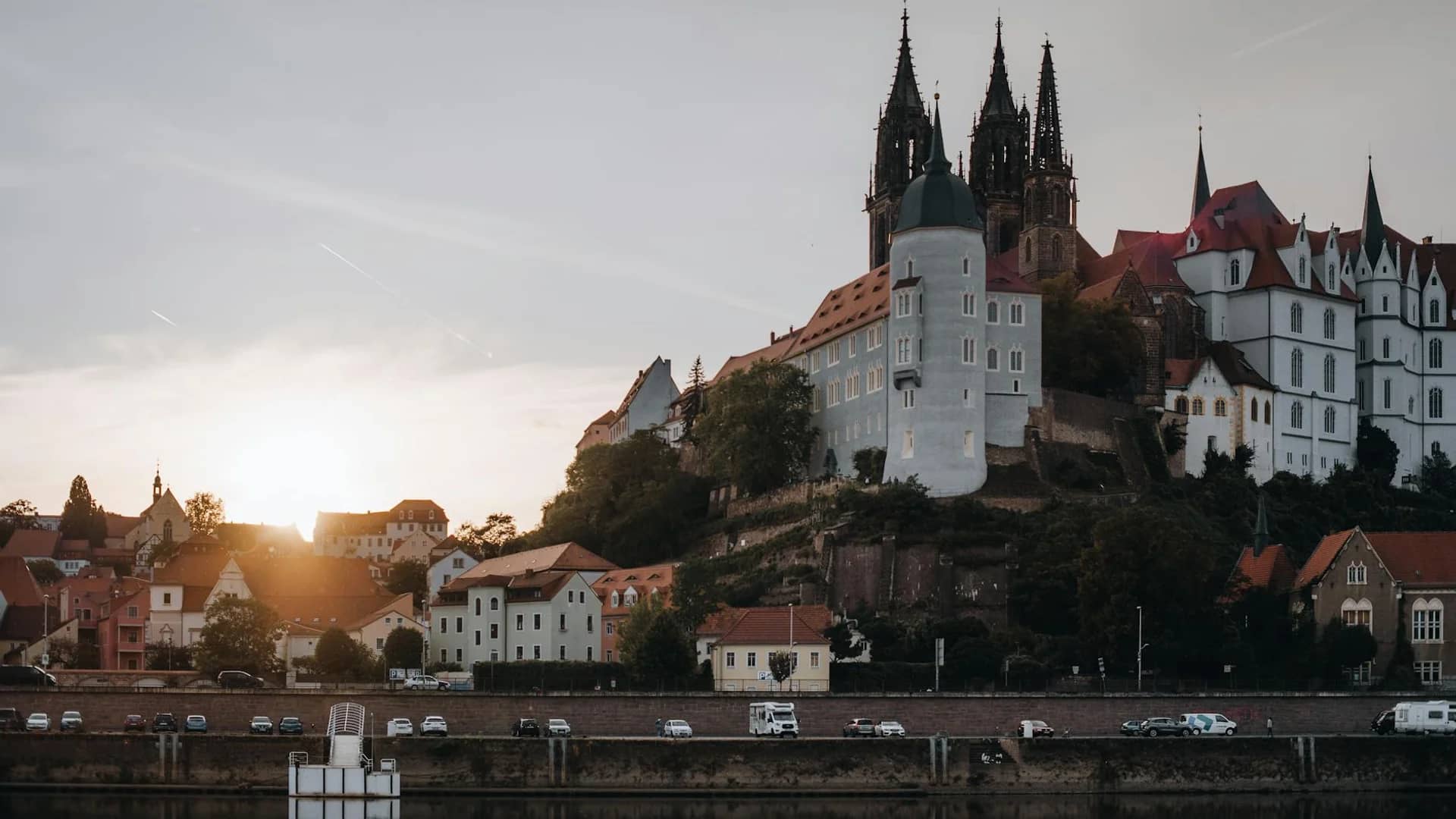 Meissen Albrechtsburg Castle illuminated in golden hour light during winter
