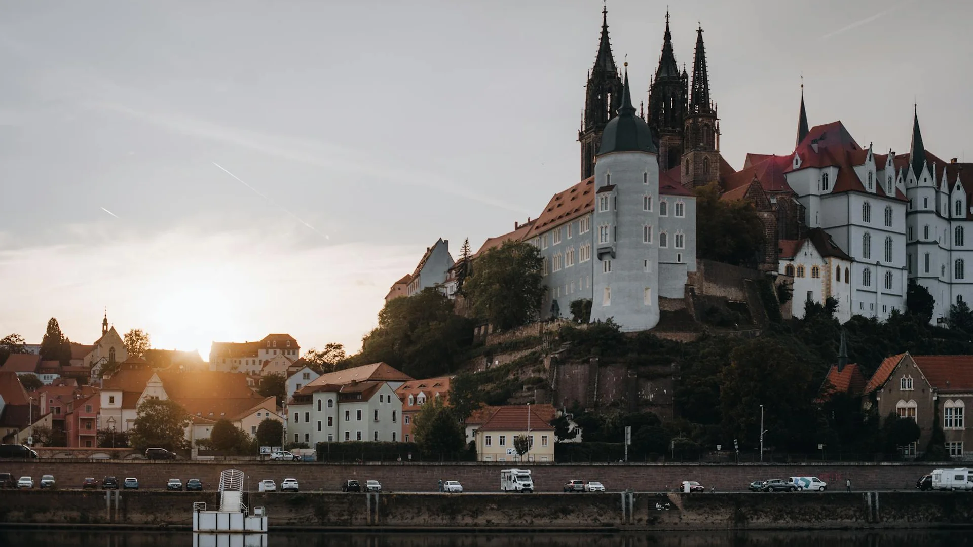 Meissen Albrechtsburg Castle illuminated in golden hour light during winter