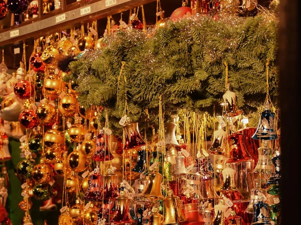 Munich vibrant Christmas ornaments and bells at winter market