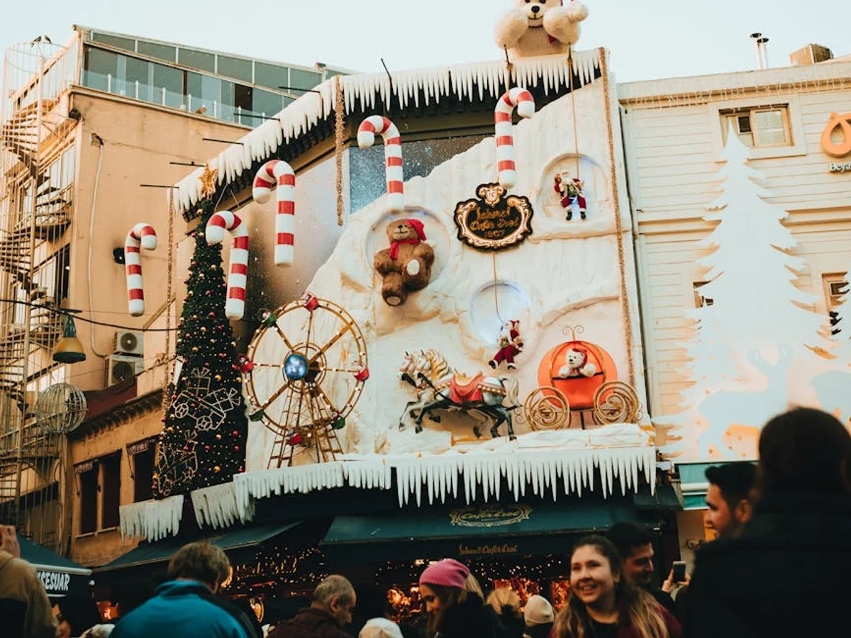 Munich whimsical gingerbread house market stall during Christmas season