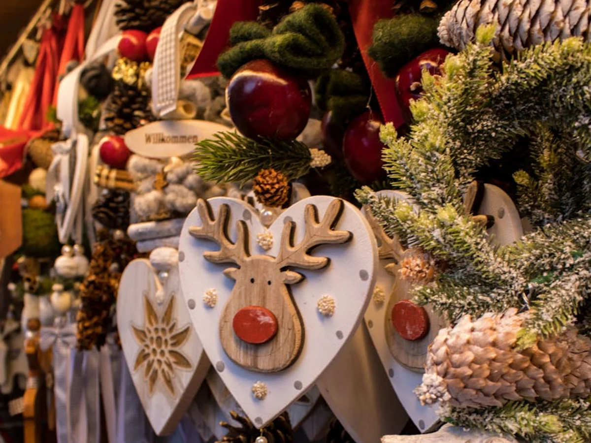 Munich closeup of traditional German wooden ornaments in festive winter atmosphere
