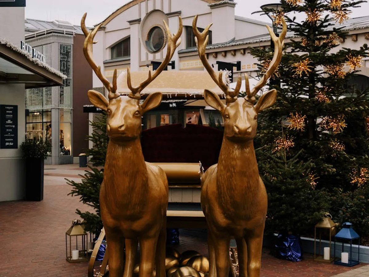 Nuremberg elegant golden deer statues in festive winter atmosphere