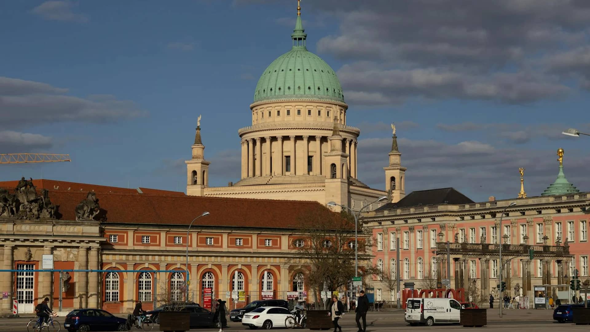 Potsdam St. Nicholas Church with green dome in a winter setting