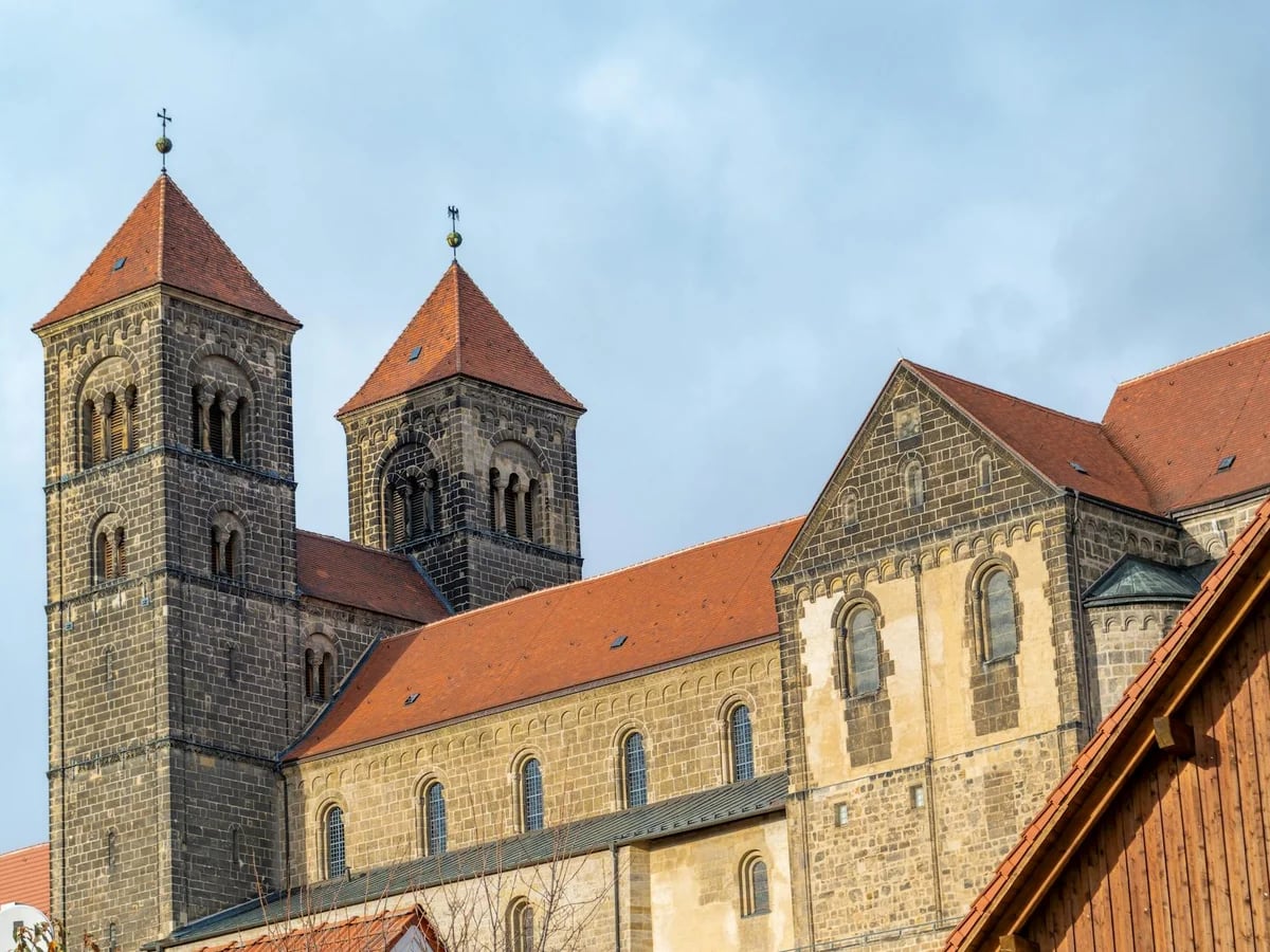Quedlinburg Abbey's stunning medieval towers in winter atmosphere