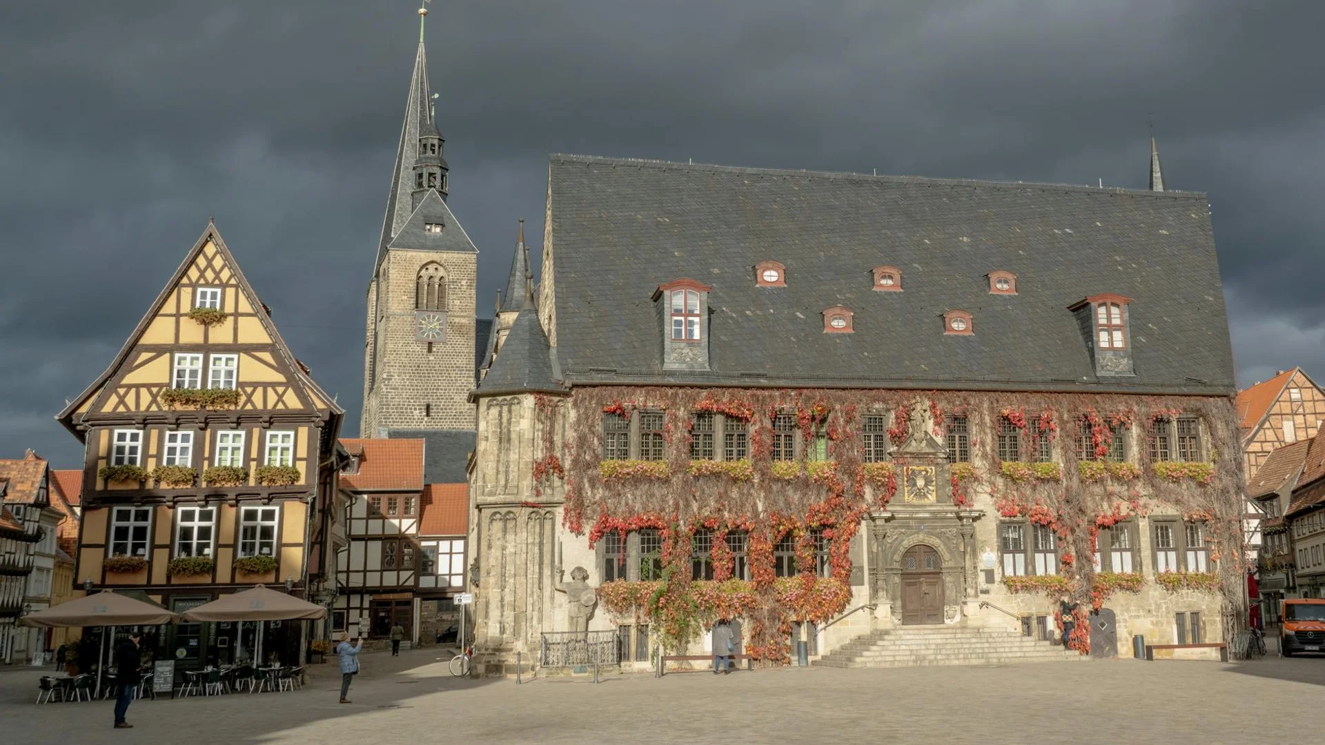 Quedlinburg market square featuring iconic half-timbered architecture in autumn