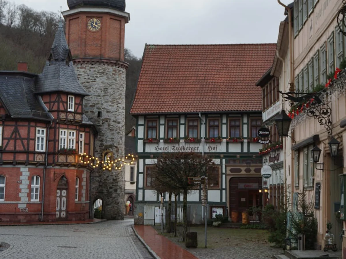 Quedlinburg medieval town square with iconic half-timbered buildings in winter