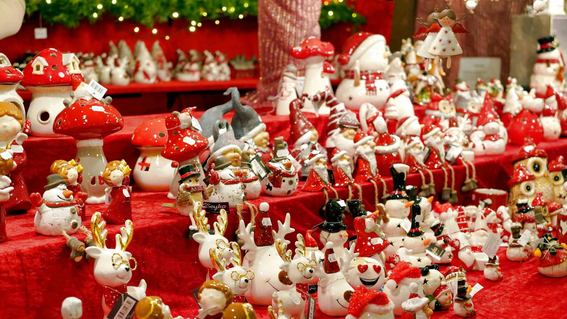 Regensburg vibrant vendor display of red and white Christmas ornaments