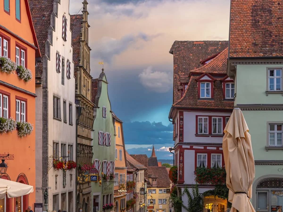 Rothenburg ob der Tauber charming summer street scene with medieval architecture