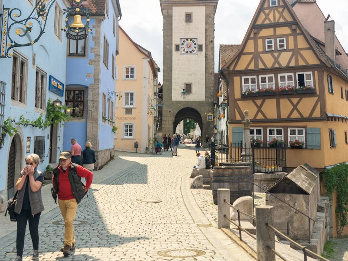 Rothenburg ob der Tauber street scene with Siebersturm tower in winter atmosphere