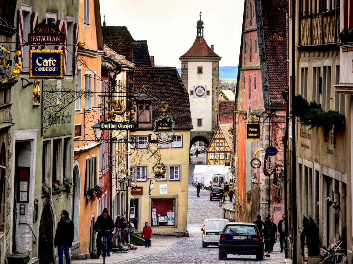 Rothenburg ob der Tauber street scene with half-timbered buildings in winter atmosphere
