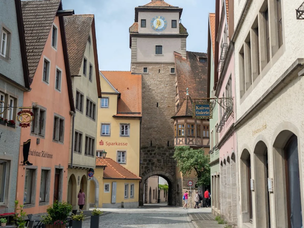 Rothenburg ob der Tauber cobblestone street winter scene featuring the White Tower