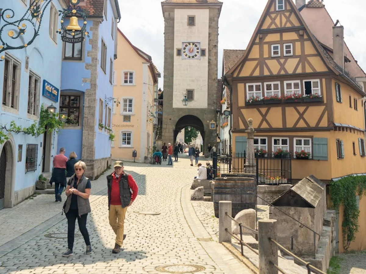 Rothenburg ob der Tauber street scene with iconic tower in winter