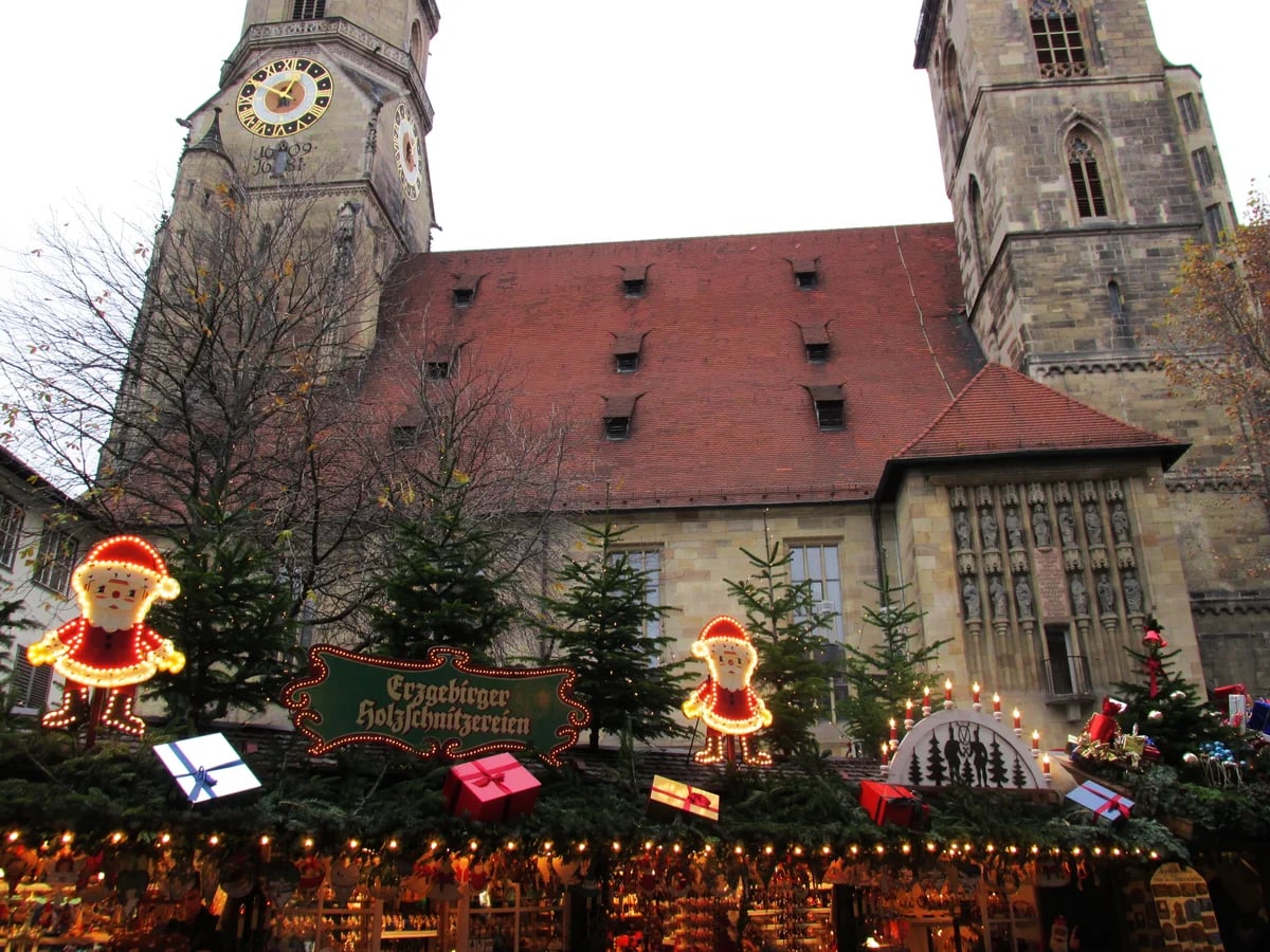 Stuttgart Markuskirche illuminated during Stuttgart Christmas market festivities