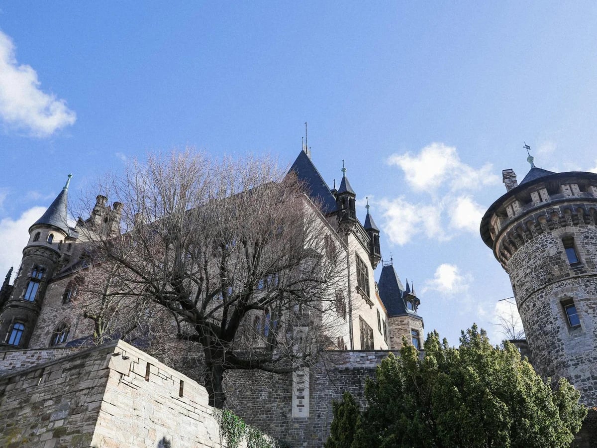Wernigerode Castle's Gothic Revival architecture in winter sunshine