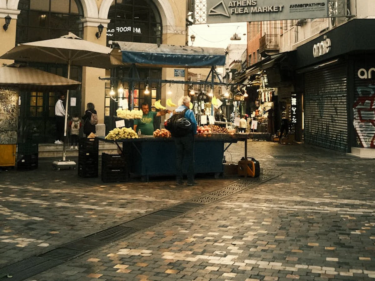 Athens authentic flea market showcasing neoclassical architecture in winter