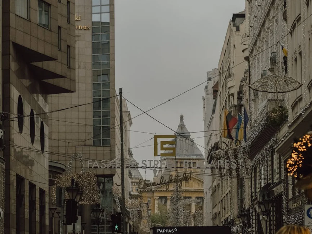 Budapest bustling shopping street adorned with festive Christmas decorations