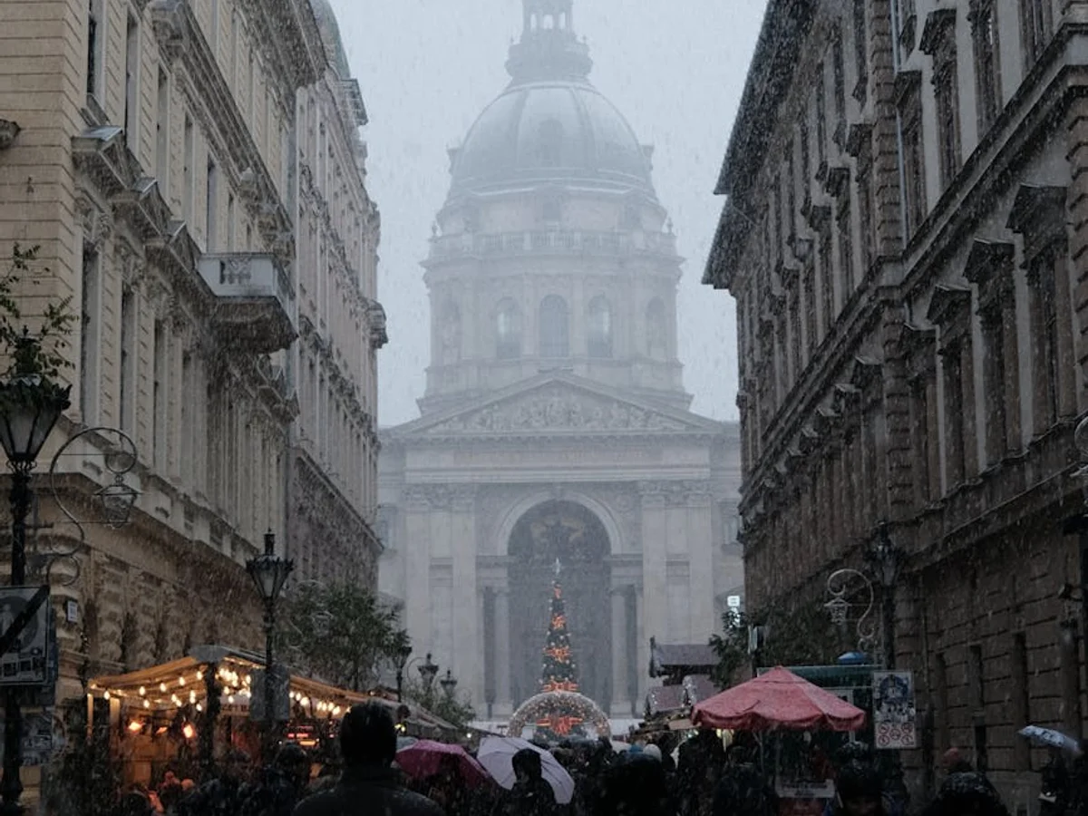 Budapest Saint Stephen's Basilica in winter snow at Christmas market