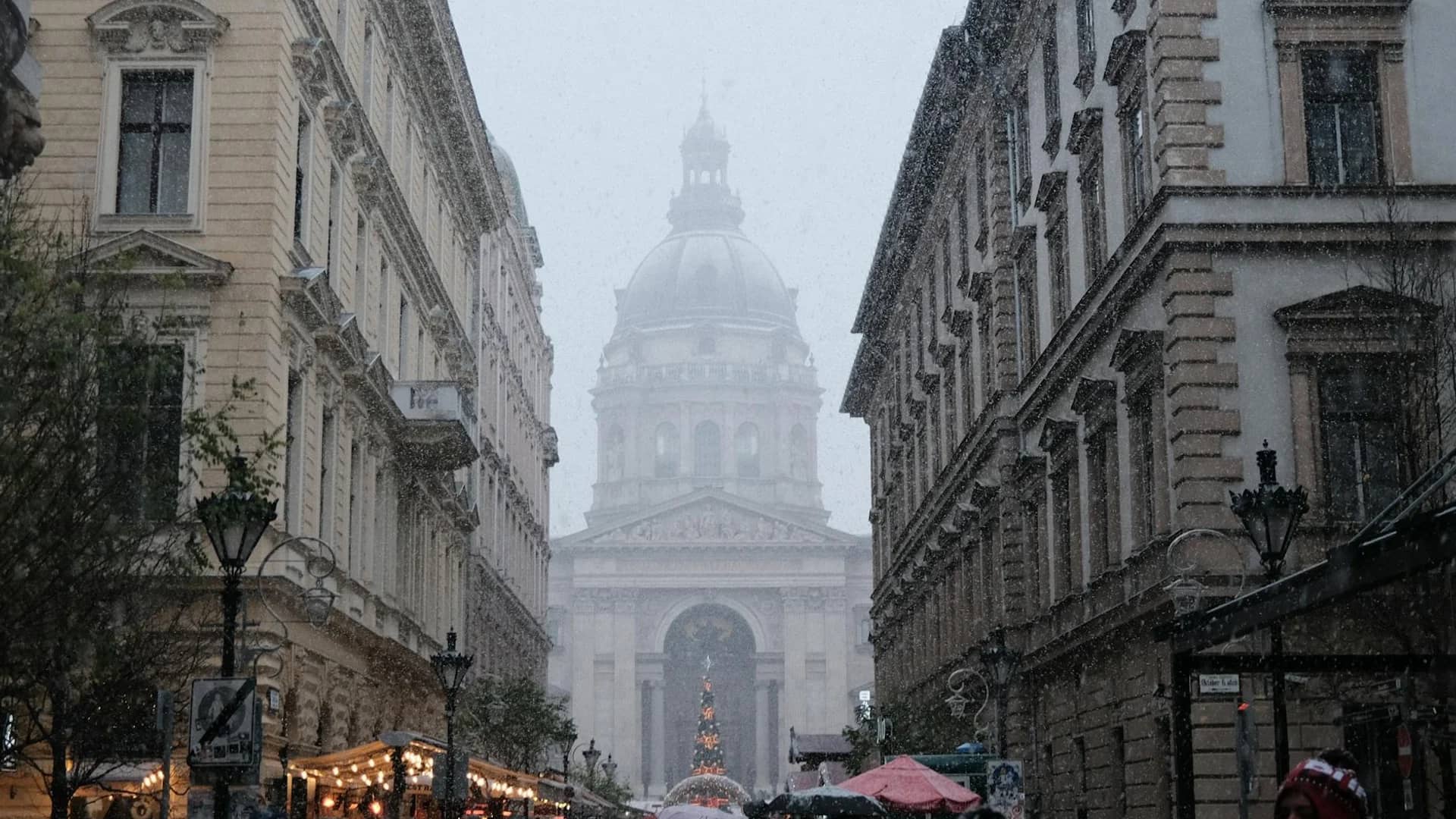 Budapest St. Stephen's Basilica during winter with Christmas market stalls