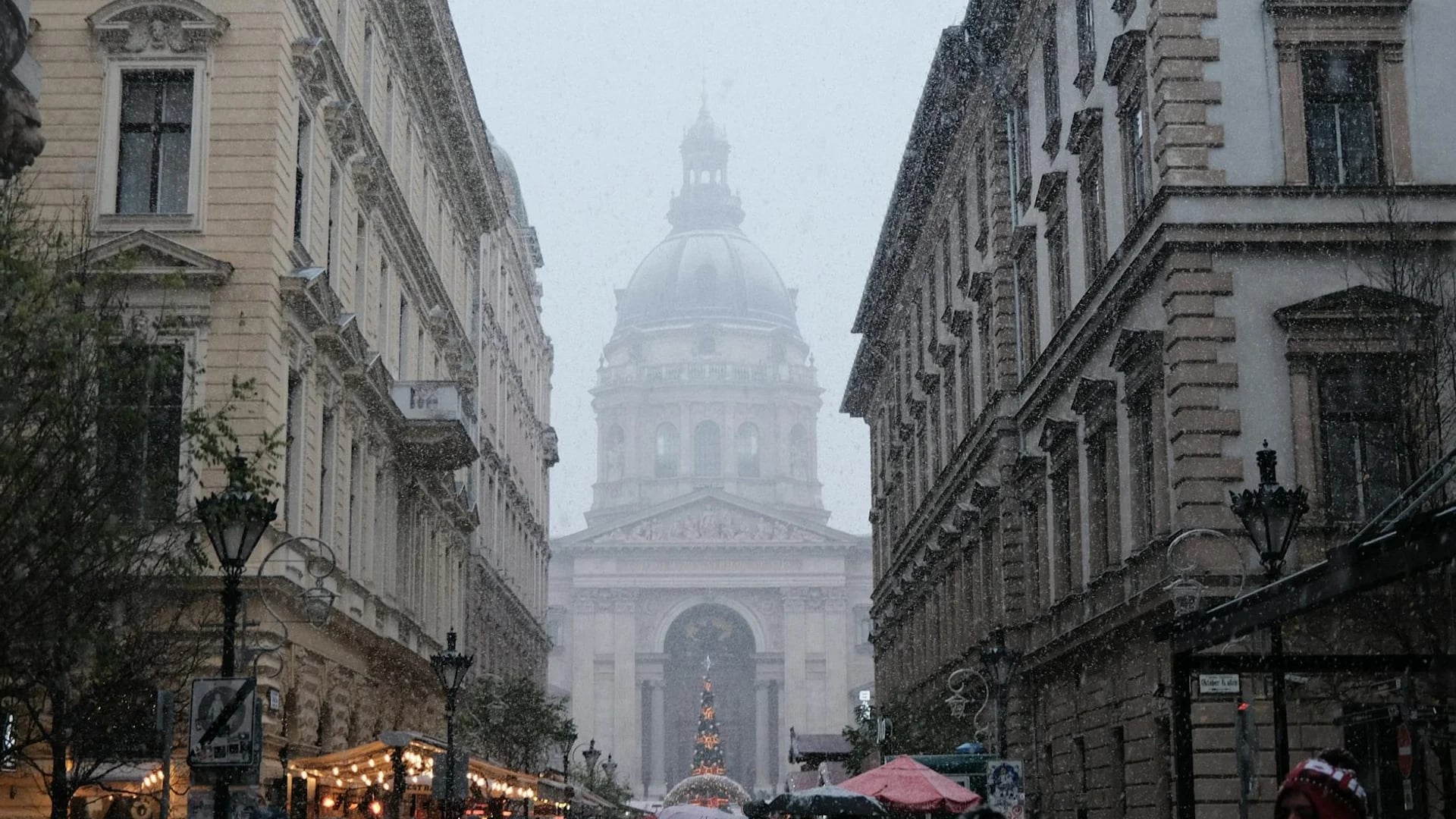 Budapest St. Stephen's Basilica during winter with Christmas market stalls