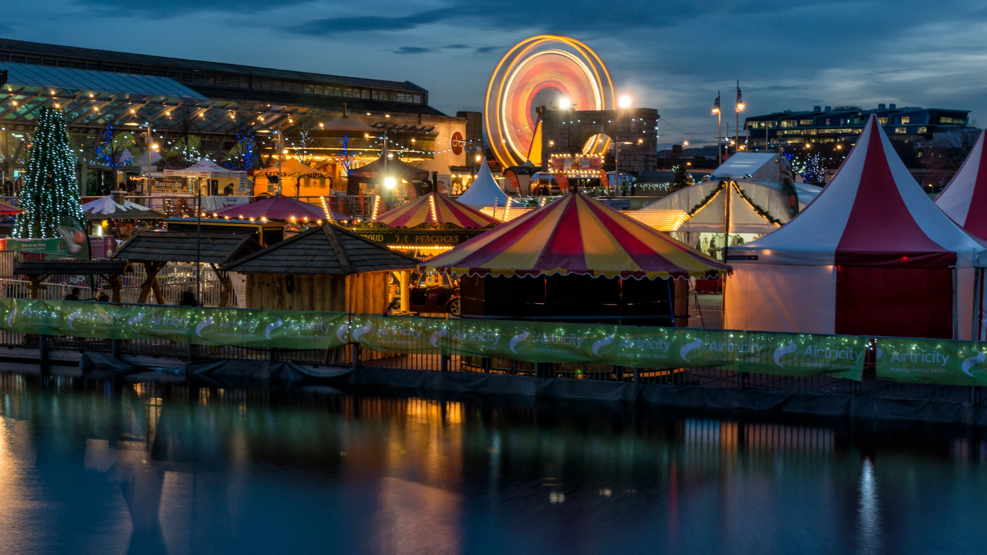 Dublin's Docklands Christmas Festival with carousel and festive lights