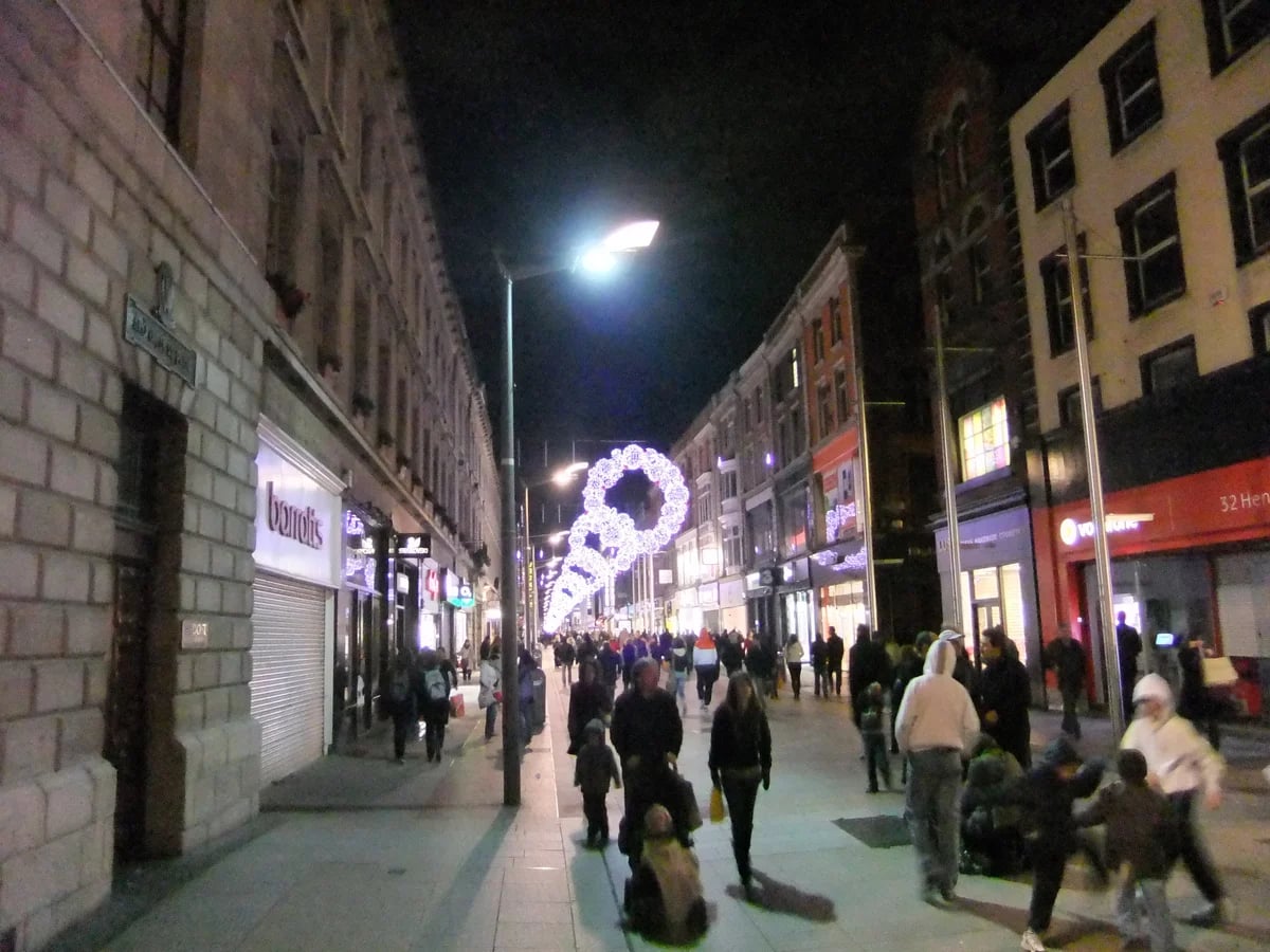 Dublin bustling Henry Street evening Christmas shopping atmosphere