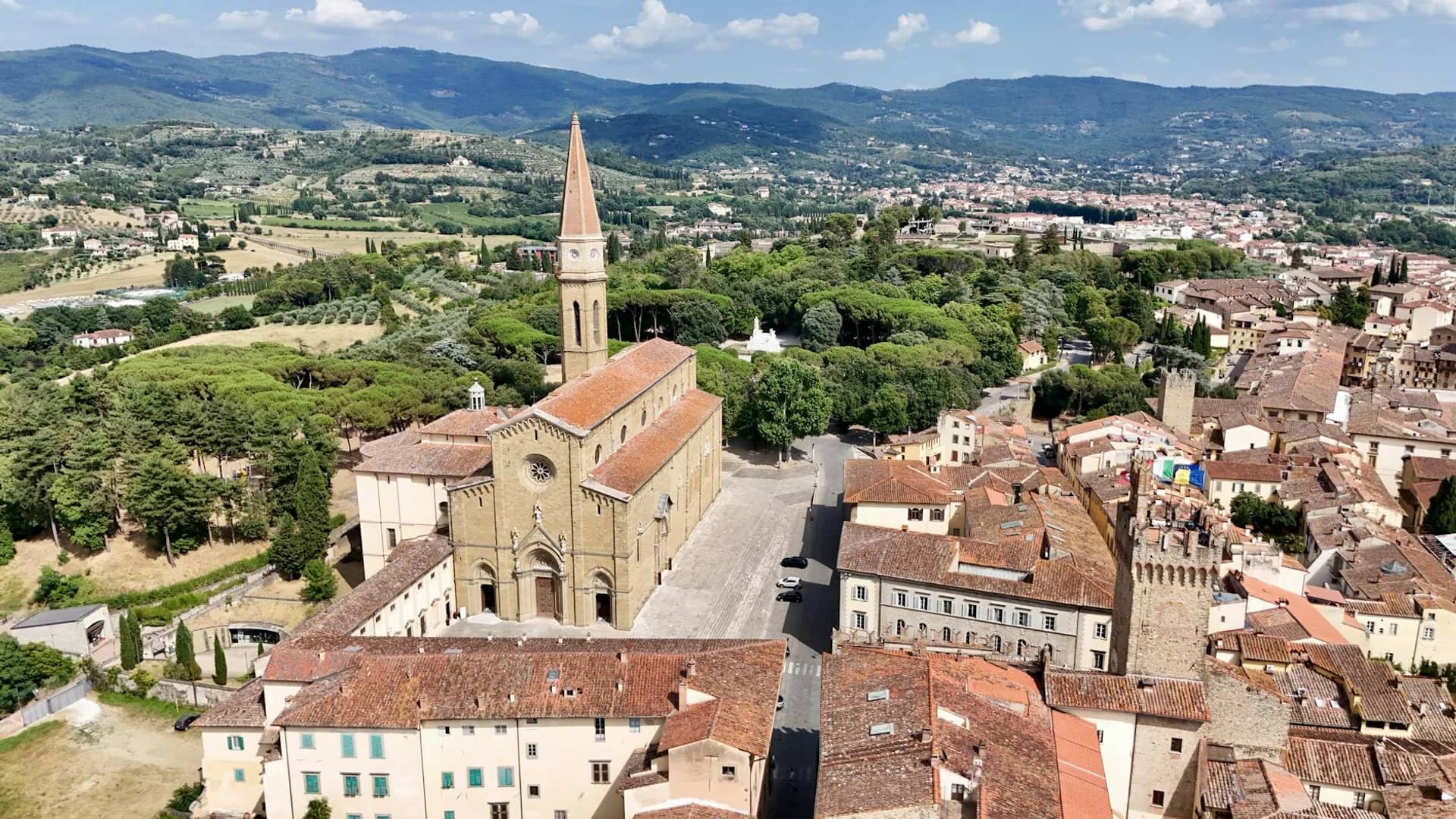 Arezzo Cathedral towering over the medieval town in winter scenery