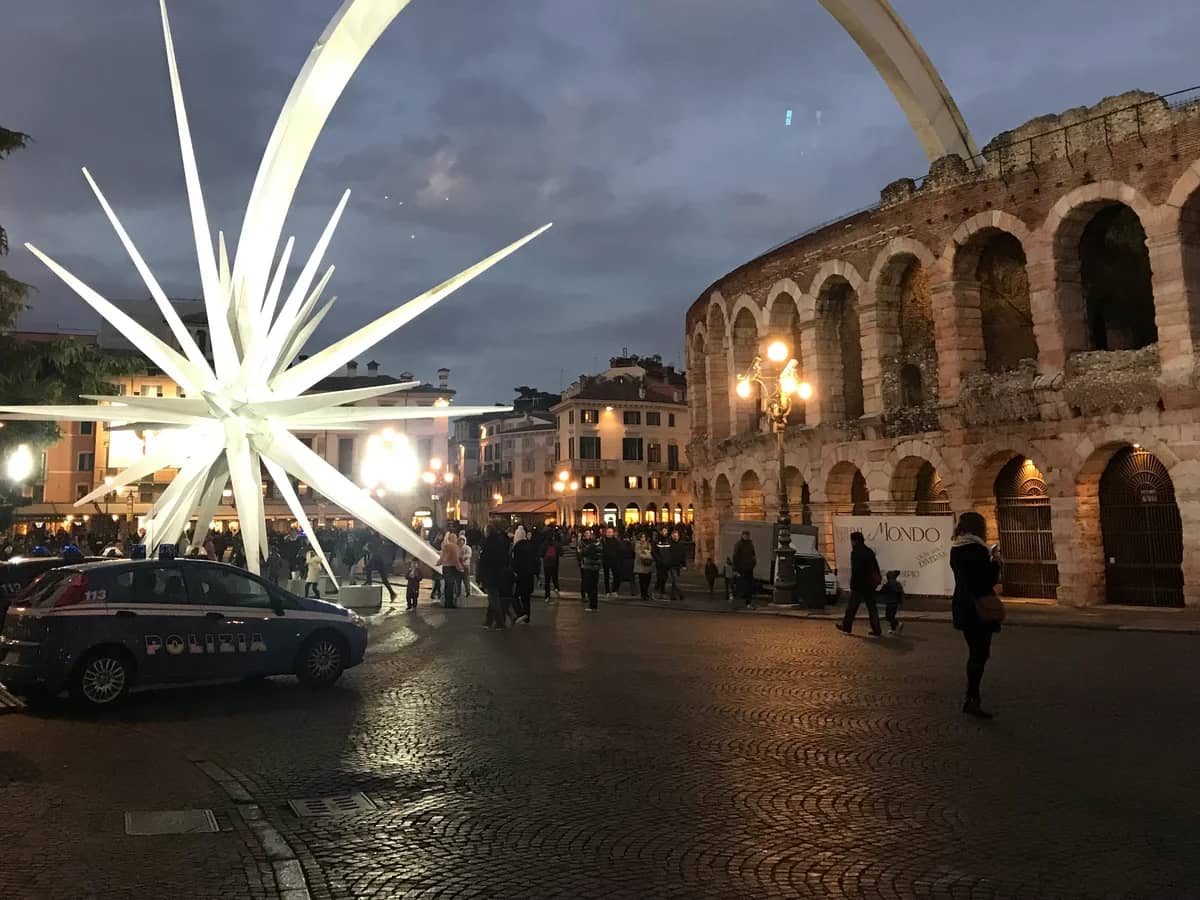 Verona illuminated steel star installation during winter twilight