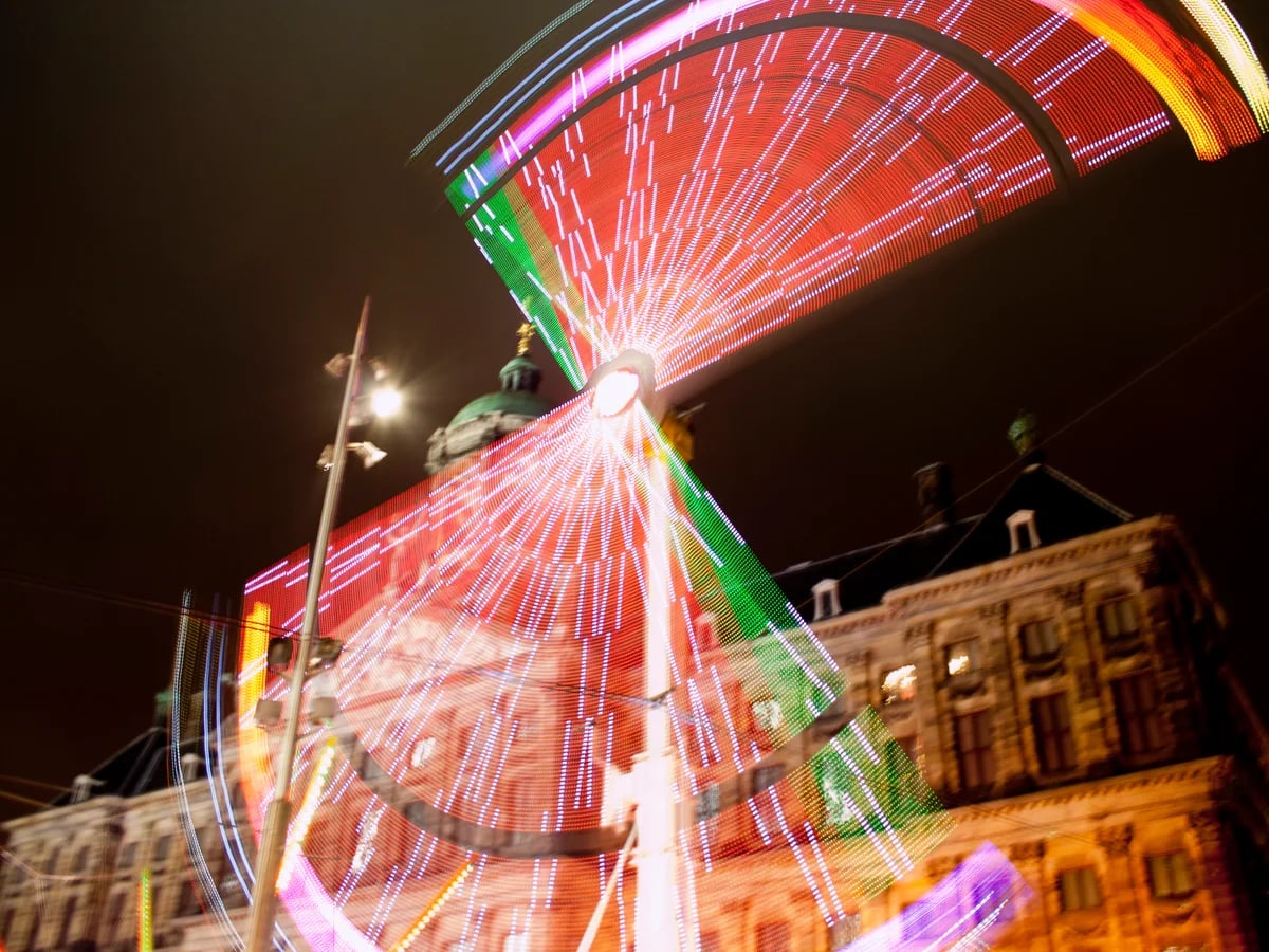 Amsterdam Ferris wheel illuminated at night during winter season