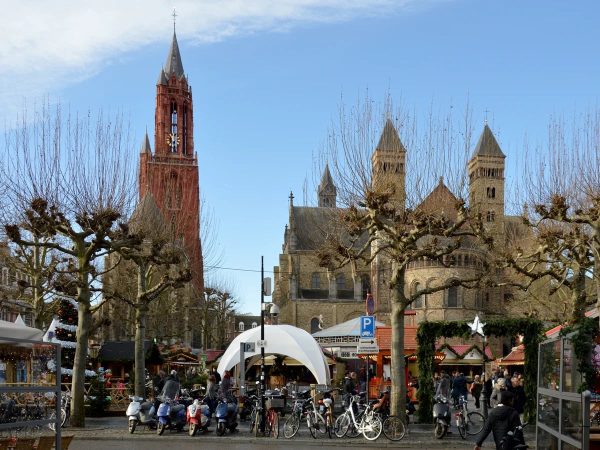 Maastricht Vrijthof square bustling with Christmas market activity