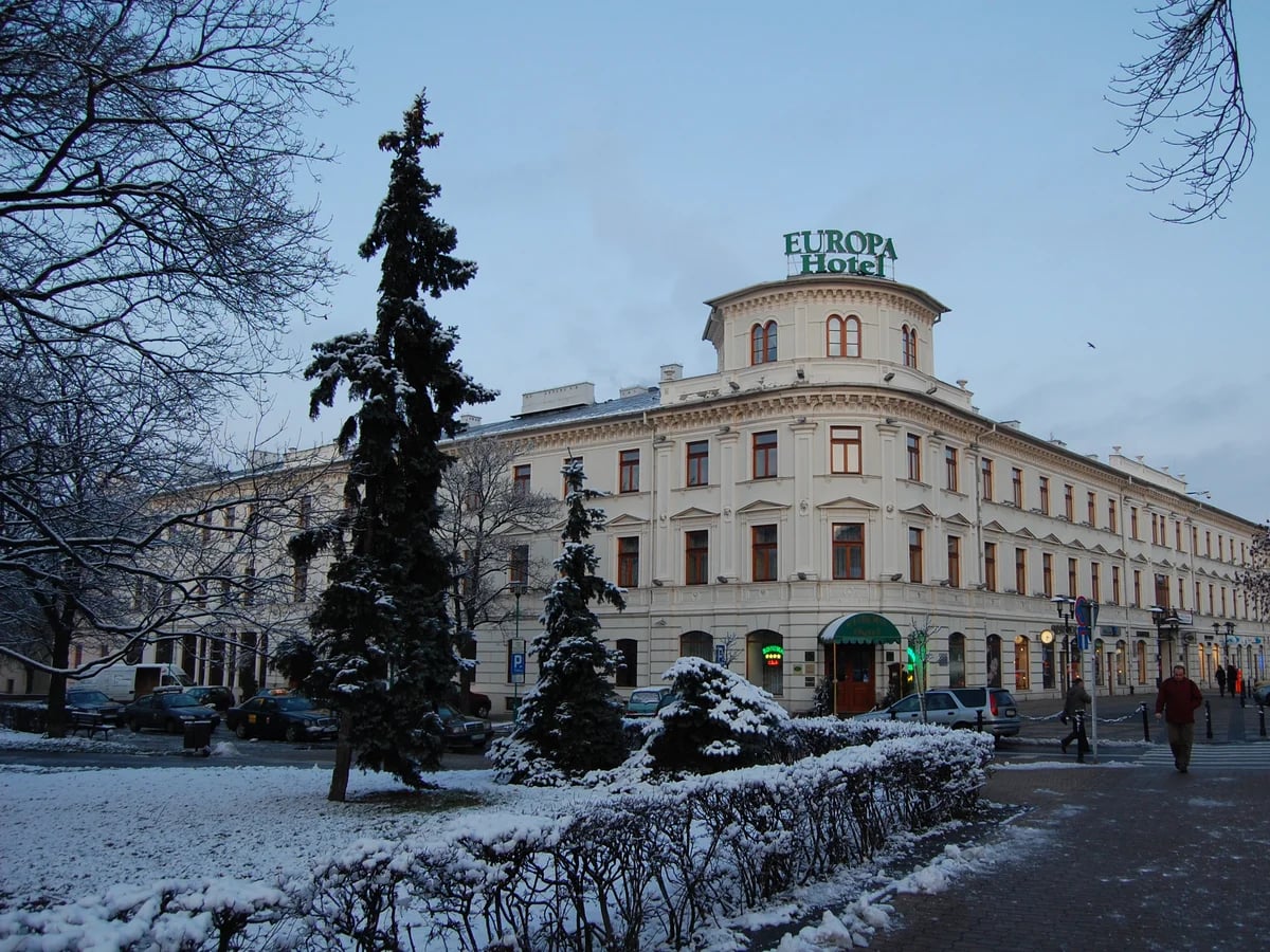 Lublin Europa Hotel adorned with snow in winter season