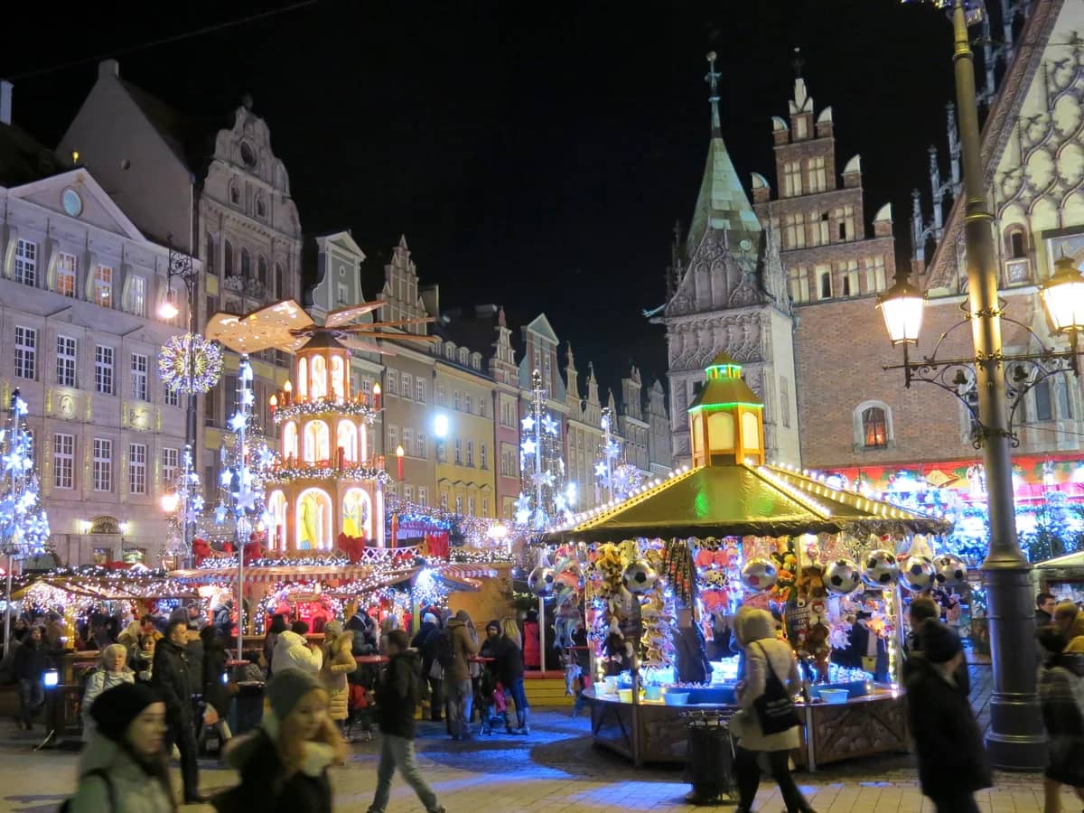 Wroclaw Rynek glowing with Christmas lights during winter festivities
