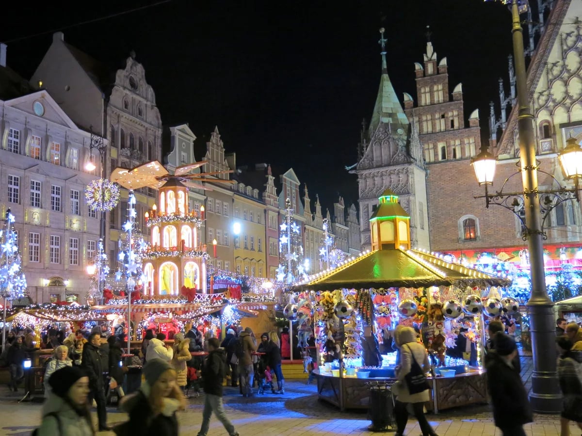 Wroclaw Rynek glowing with Christmas lights during winter festivities
