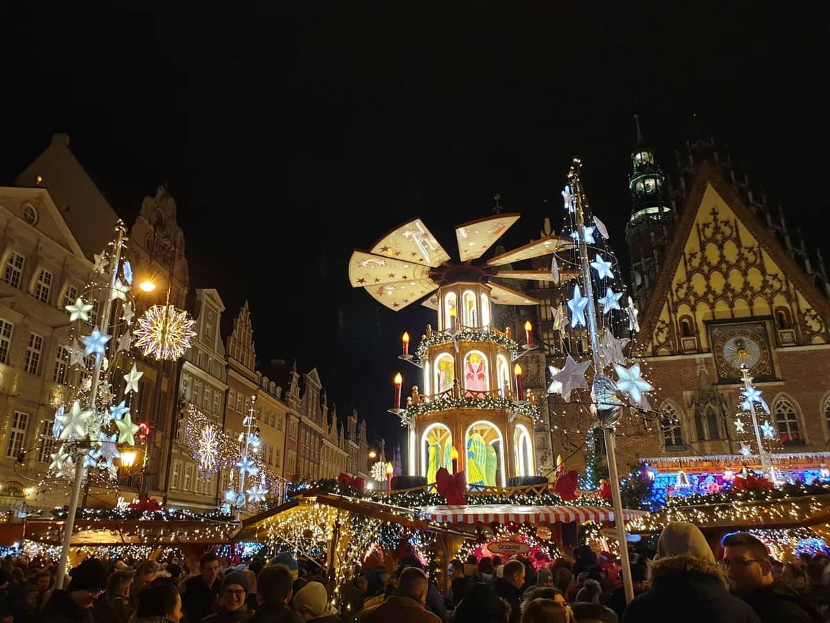 Wroclaw Market Square illuminated during Christmas winter wonderland