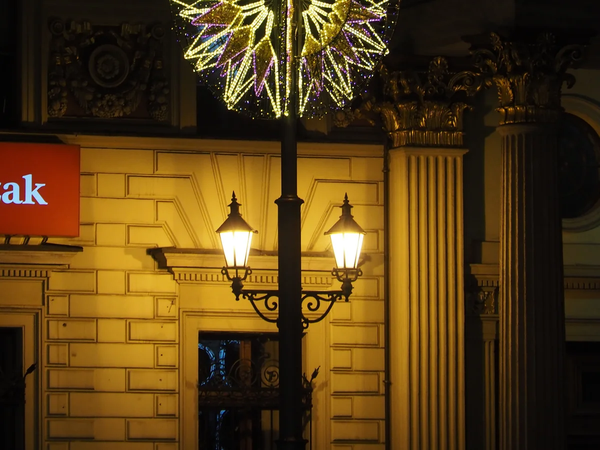 Wroclaw illuminated star decoration in the festive winter atmosphere