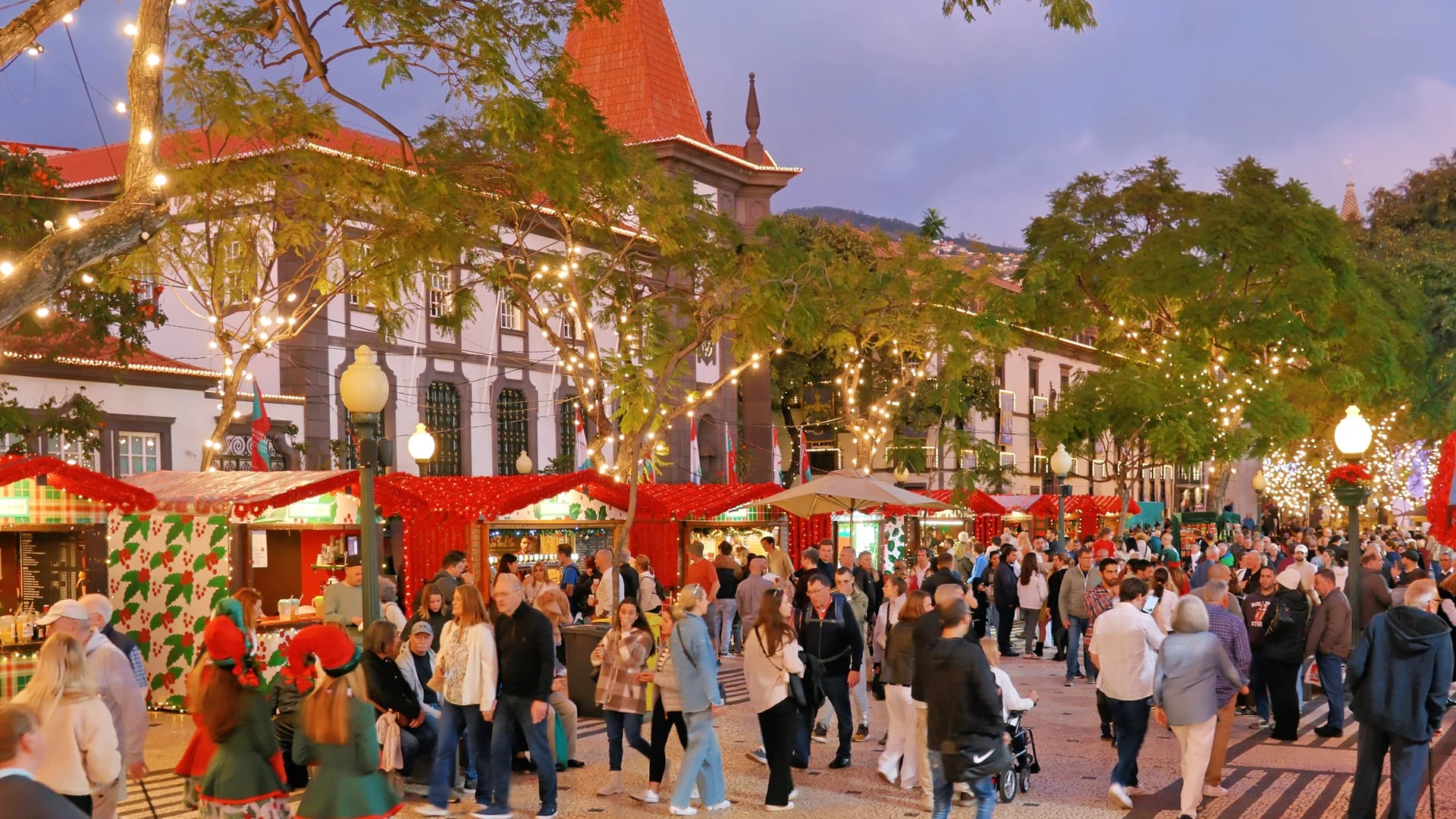 Mercadinho de Natal illuminated at twilight in Funchal, featuring the Cathedral and vibrant red stalls.