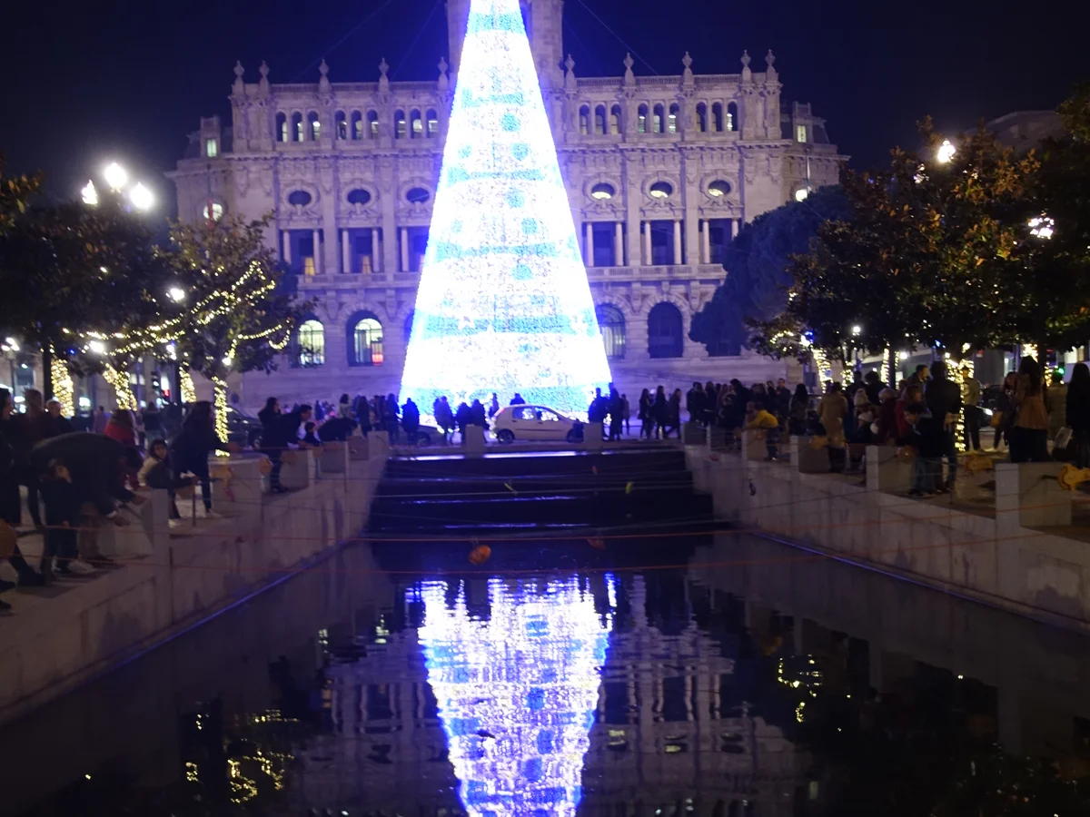 Porto City Hall illuminated with stunning blue Christmas lights during winter