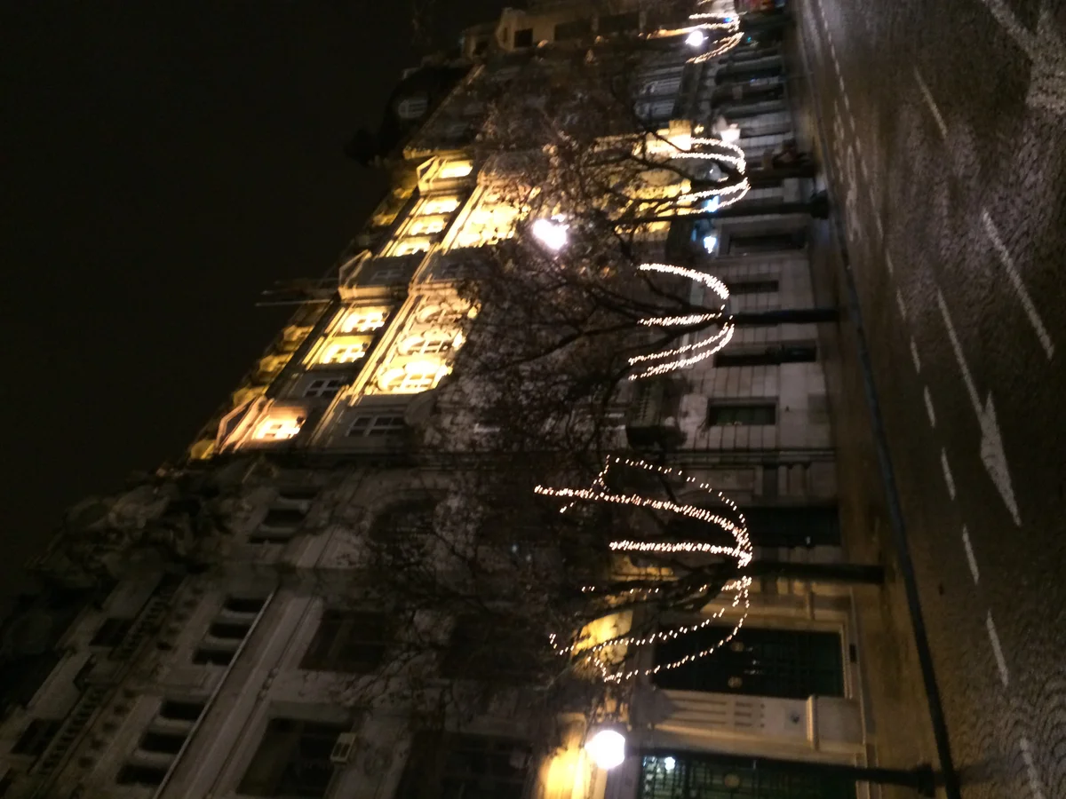Porto historic street adorned with Christmas garlands in winter evening charm