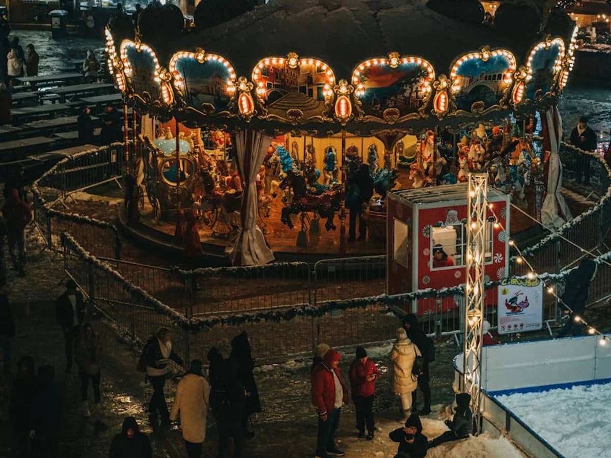 Bucharest beautifully lit carousel during a magical winter night