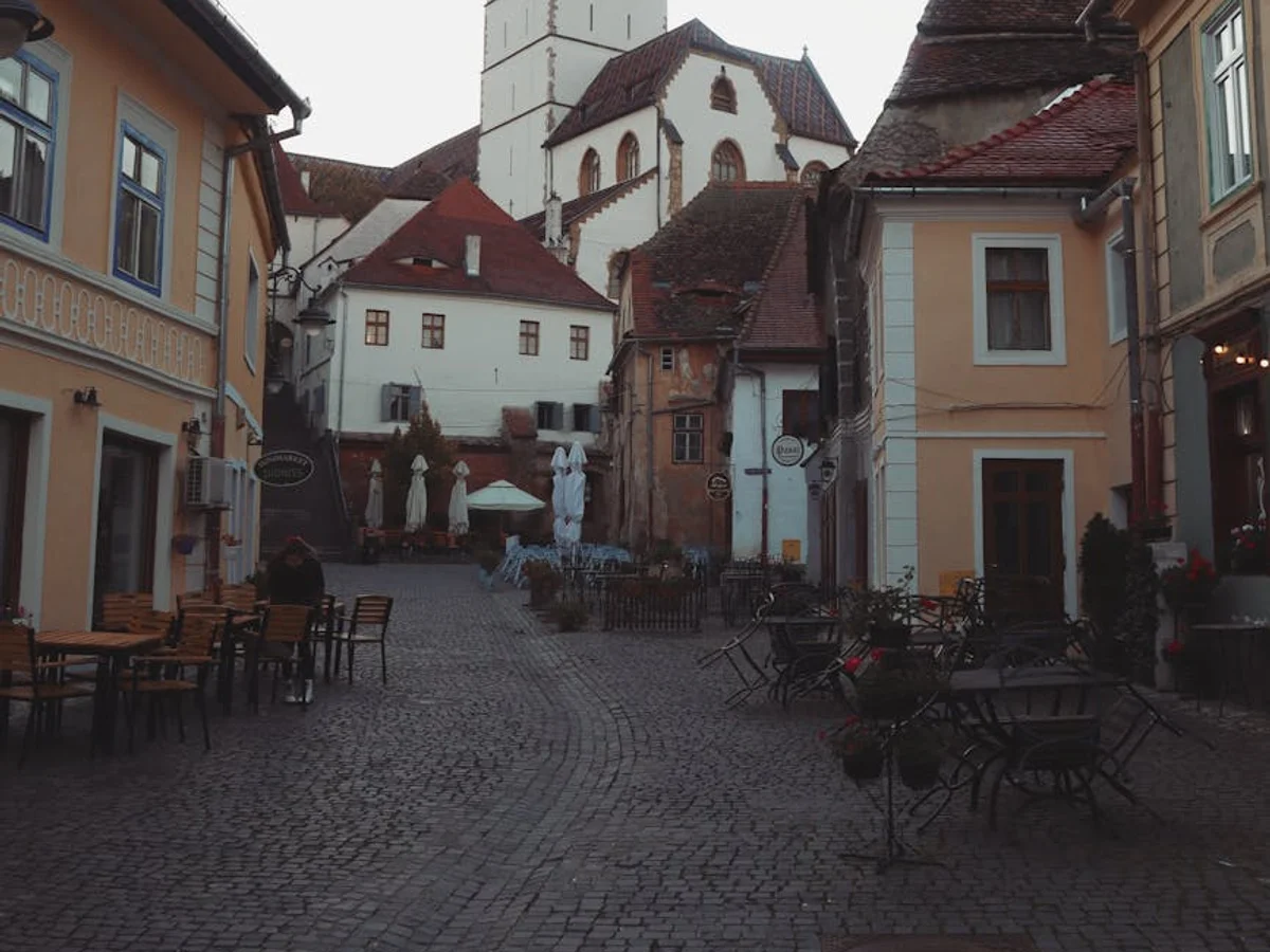 Sibiu's iconic Evangelical Church in winter ambiance with medieval square