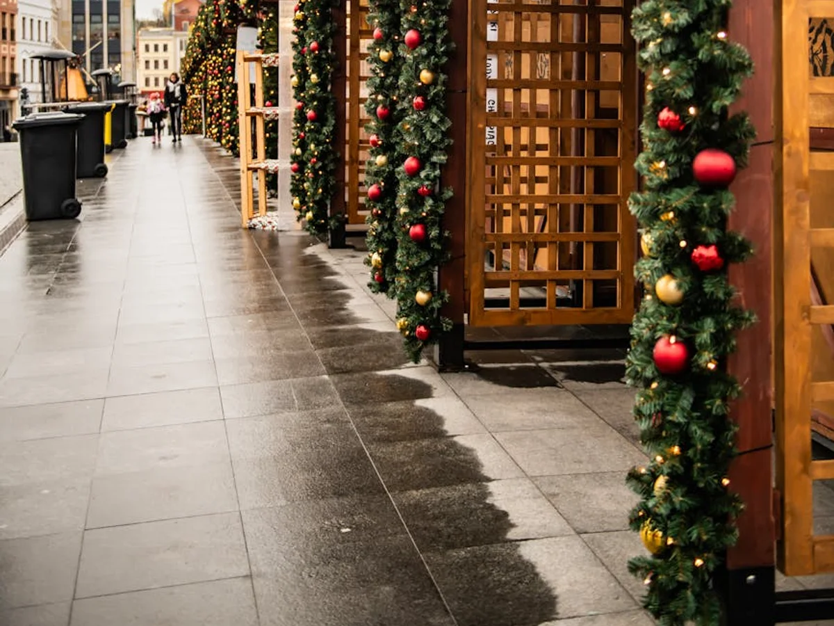 Timisoara beautifully decorated Christmas market on a rainy winter day