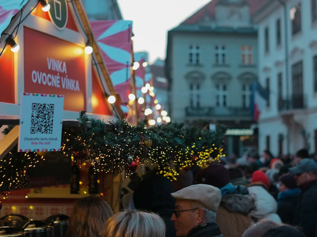 Bratislava authentic Christmas market stall with warm festive lighting